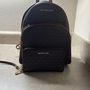 Michael Kors Dark Brown Signature Backpack with Matching Wallet